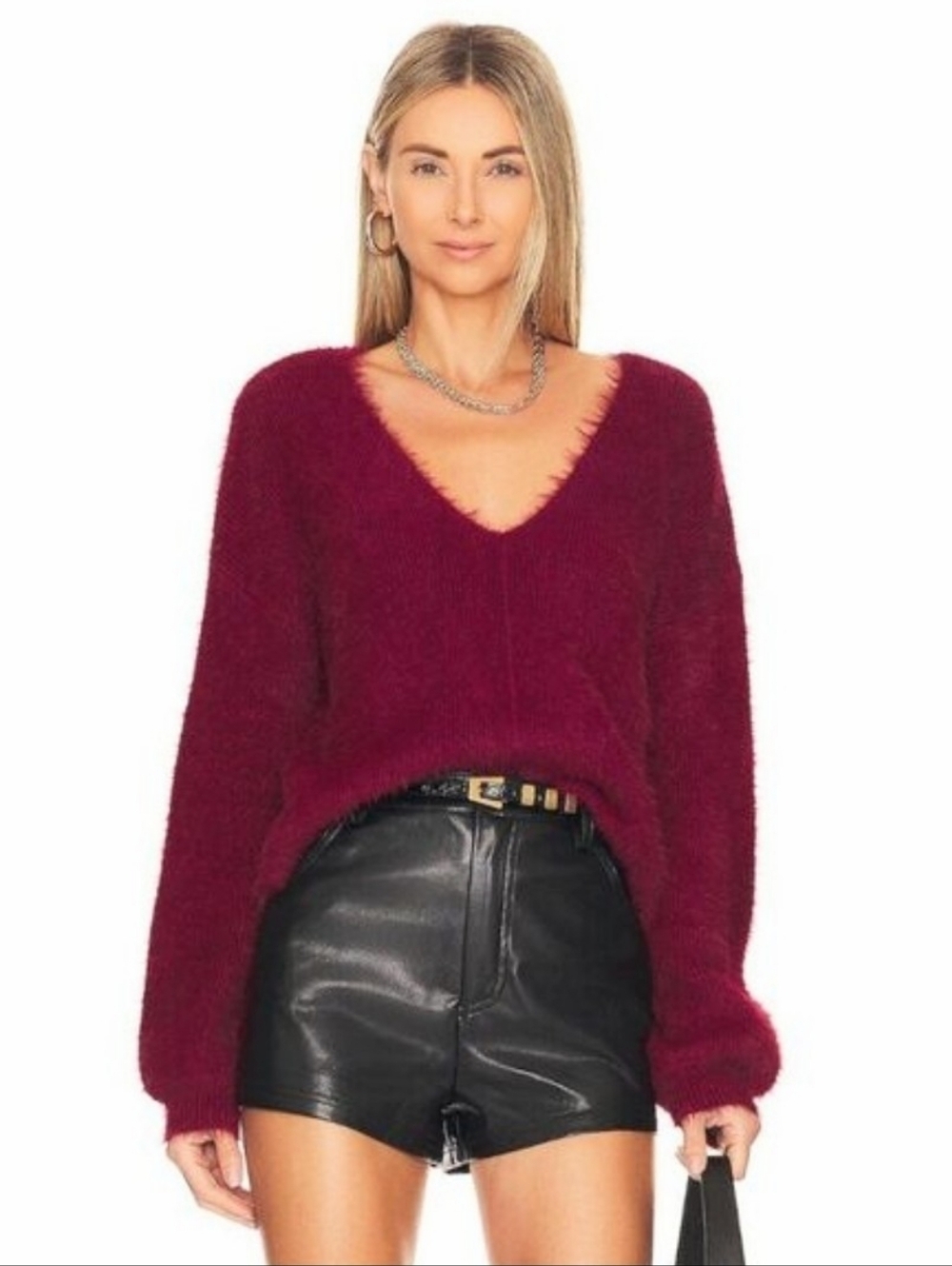 Lovers and Friends Sweater Malia Burgundy Eyelash V Neck‎